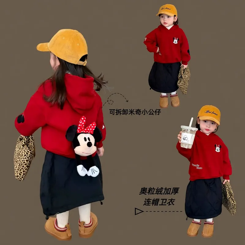 女童加绒加厚卫衣儿童保暖连帽上衣 秋冬新款女宝红色年款圣诞