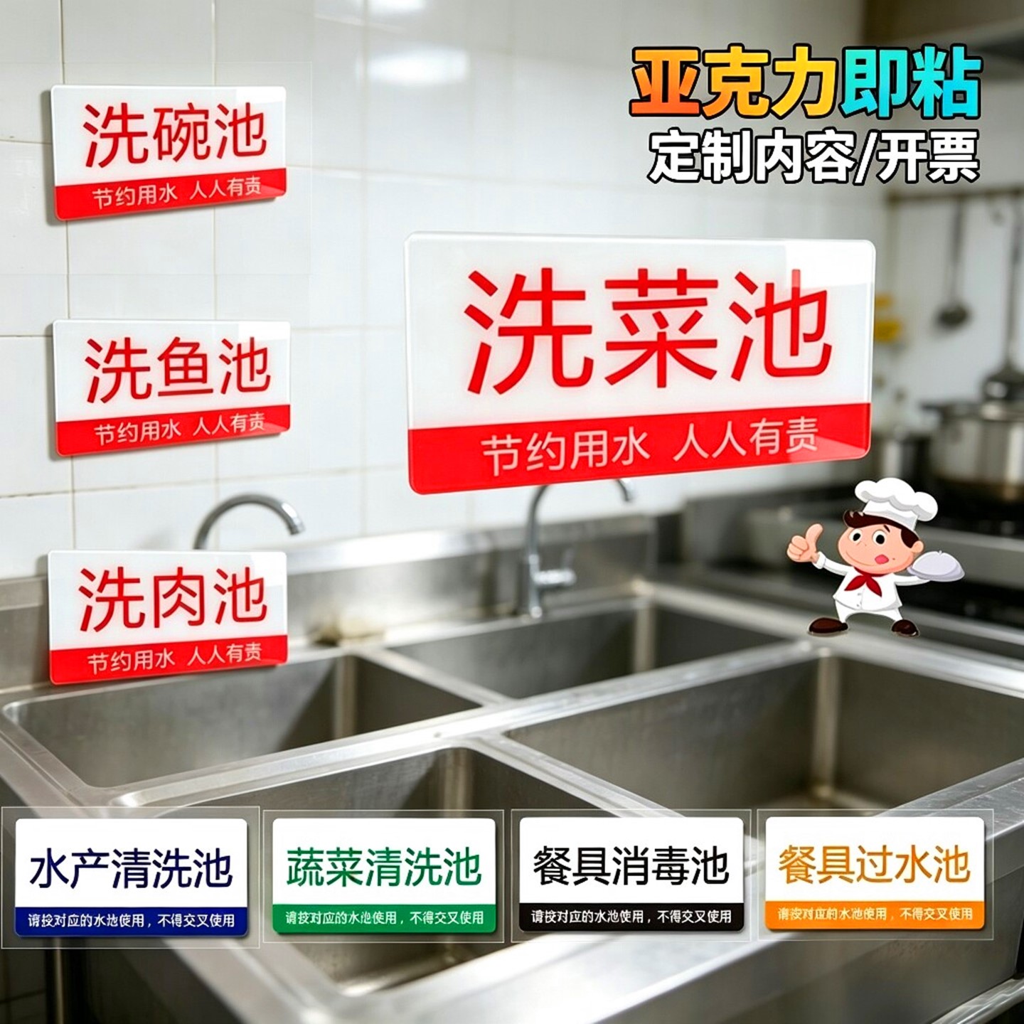 餐厅厨房卫生分类标志牌餐具洗碗池蔬菜水产清洗池洗肉解冻池标贴
