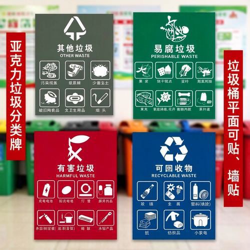 亚克力餐厨有害可回收干湿垃圾分类标示牌环卫垃圾桶柜贴平面贴 - 封面