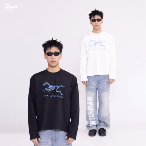 MGG美式复古骷髅马印花长袖T恤