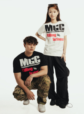 MGG 美式标语印花短袖字母排版印花纯棉紧身T恤正肩情侣短宽T恤