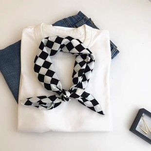 新款蓝白黑白格子棉方巾丝巾发带装饰小围巾护颈领巾男女头巾春秋