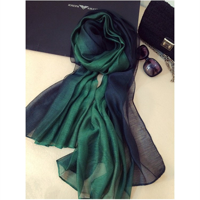 春秋时尚真丝棉麻丝巾长款桑蚕丝渐变色围巾披肩两用女士纱巾薄款