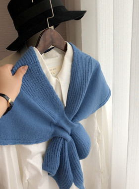 洋气蓝色针织披肩外搭护肩护颈椎交叉围巾女春秋新款短款保暖围脖