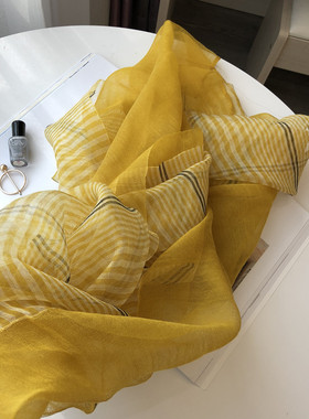 春秋新款高档真丝羊毛围巾女长款纯色拼接格子丝巾桑蚕丝纱巾黄色