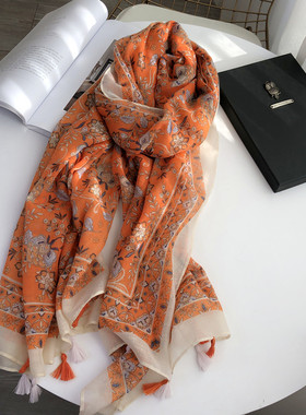 纱巾橙色棉麻围巾女春秋薄披肩两用民族风丝巾碎花海边防晒沙滩巾