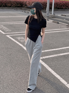 7AM10PM黑色侧边开衩棉T恤女纯色简约圆领百搭短袖修身显瘦上衣女