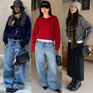 7AM10PM 全羊毛高级灰色V领毛衣 针织衫女叠穿上衣 百搭套头毛衣