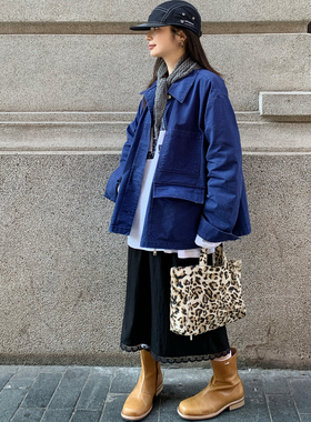 7AM10PM设计感蓝色轻磨工装外套女纯棉宽松复古个性风衣外套上衣