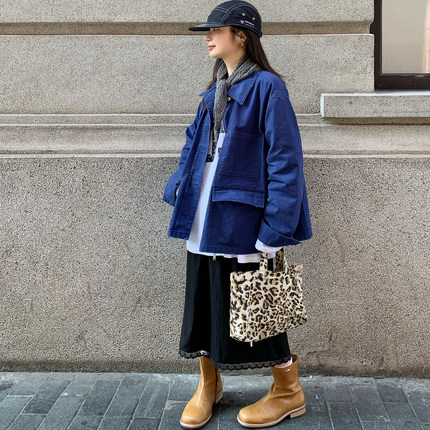 7AM10PM设计感蓝色轻磨工装外套女纯棉宽松复古个性风衣外套上衣