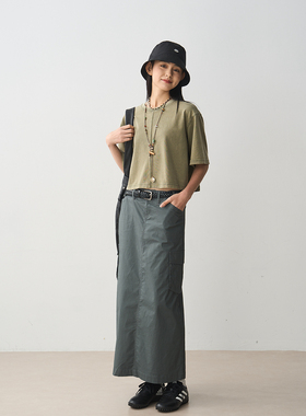 7AM10PM 美式复古设计感插袋工装裙 灰色百搭BM中长半身裙A字长裙