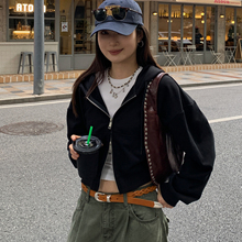 7AM10PM黑色双拉链卫衣女 落肩袖夹克上衣宽松慵懒风百搭短外套