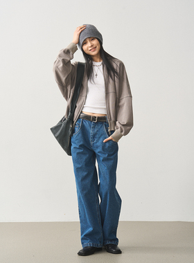 7AM10PM 设计感口袋外飞牛仔裤女 蓝色百搭长裤宽松直筒拖地裤