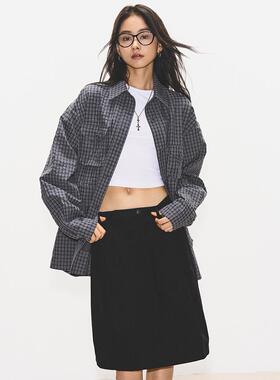 7AM10PM 经典黑色微茧半身裙女 2024新款纯棉复古中裙 百搭五分裙