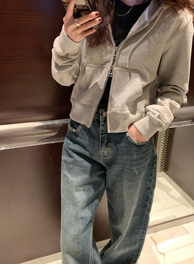 7AM10PM 双拉链灰色连帽卫衣女秋冬加绒宽松慵懒风开衫百搭短外套