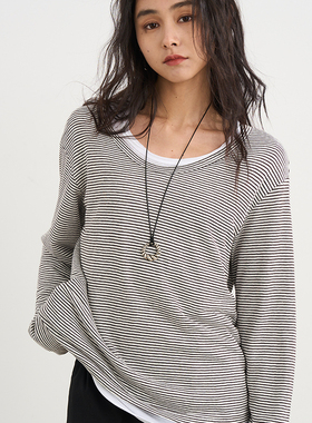 7AM10PM慵懒风长袖打底衫套装女夏 2025新款条纹+白t恤叠穿两件套