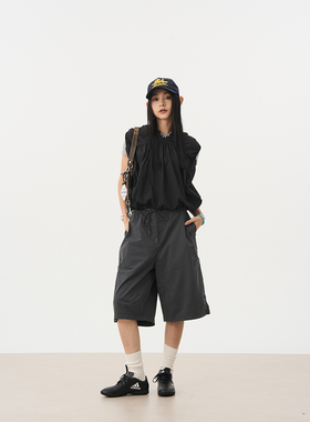 7AM10PM 纯棉灰色抽绳宽松短裤女多口袋工装五分裤 休闲阔腿中裤