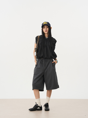 多口袋工装抽绳灰色五分裤