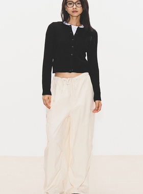 7AM10PM设计感麻点工装休闲裤女 白色抽绳大口袋宽松纯棉阔腿长裤