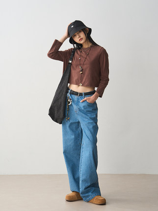 7AM10PM 个性后片拼接牛仔裤女 2024新款蓝色宽松款休闲直筒长裤