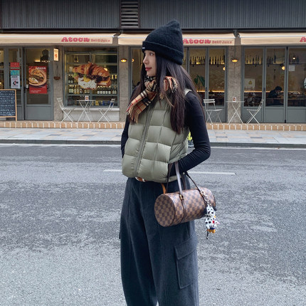 7AM10PM 双色合身格子羽绒立领马甲 90白鸭绒