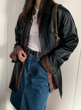 7AM10PM 高级设计感皮衣外套女中长款 黑色复古机车PU皮夹克上衣