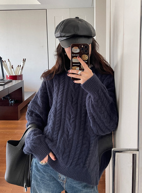 7AM10PM藏青色套头毛衣女2022秋冬新款韩版宽松麻花针织上衣加厚
