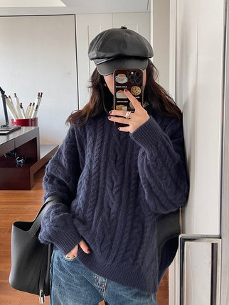 7AM10PM藏青色套头毛衣女2022秋冬新款韩版宽松麻花针织上衣加厚