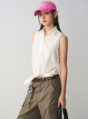 7AM10PM 气质白色无袖打结衬衣 2024夏季新款翻领百搭衬衫女