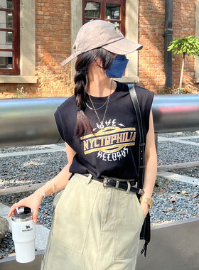 7AM10PM复古印花背心女小众设计感嘻哈无袖黑色T恤夏美式高街上衣