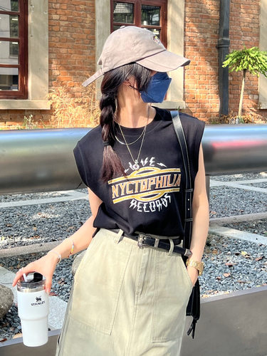 复古印花背心无袖黑色T恤