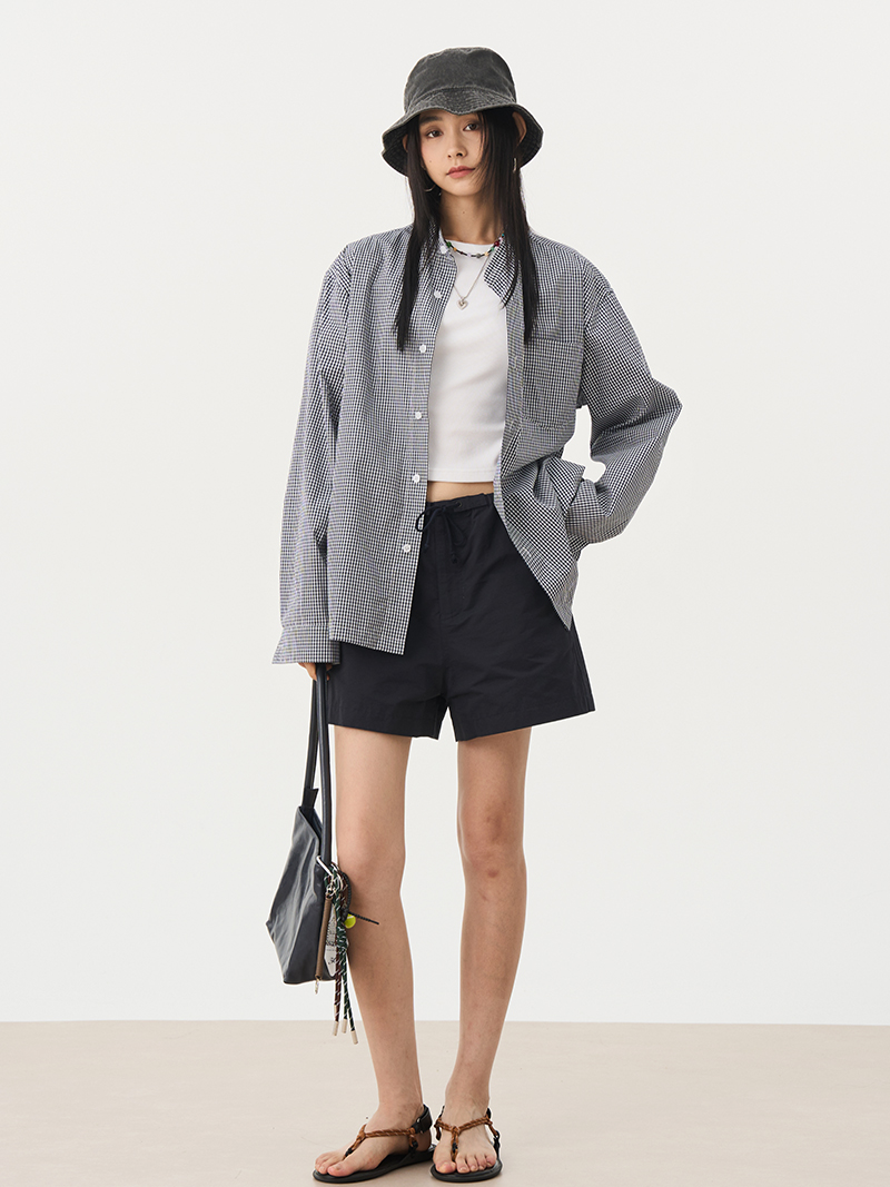 白蓝格子衬衫立领长袖