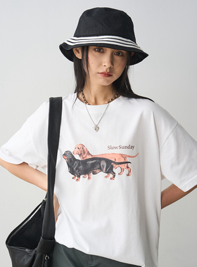 7AM10PM 纯棉腊肠狗短袖印花t恤 白色宽松简约短袖T时尚圆领上衣