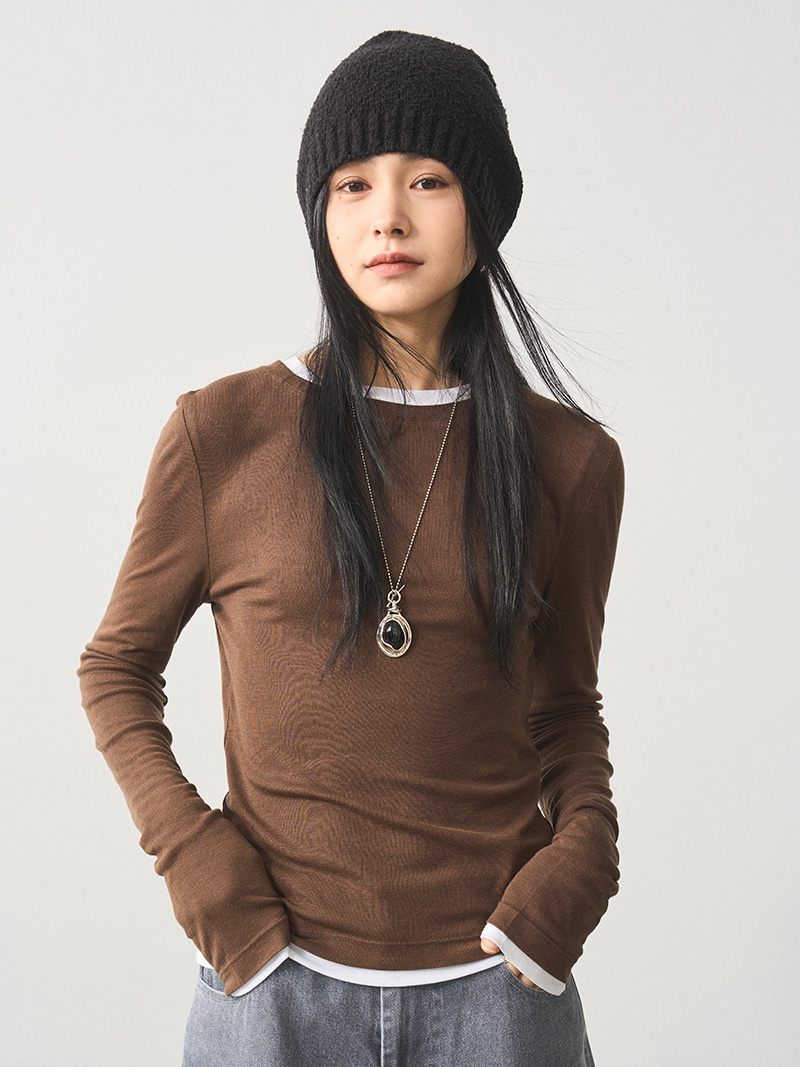 拼接假两件长袖打底气质修身T恤