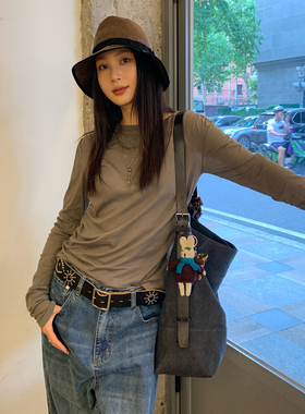 7AM10PM 个性抽褶捏皱打底衫长袖T恤女  卡其灰气质打底衫上衣