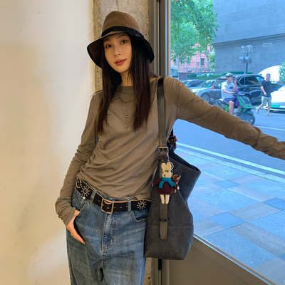 卡其灰抽褶捏皱长袖T打底衫