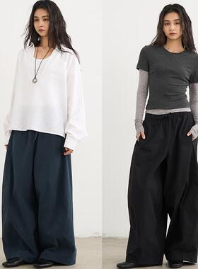 7AM10PM 时尚黑蓝双色抽绳镰刀裤 2025春夏新款纯棉阔腿休闲裤女