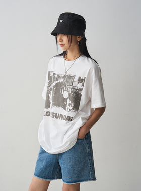 7AM10PM 设计感复古乐队印花t恤 白色宽松简约短袖T时尚圆领上衣