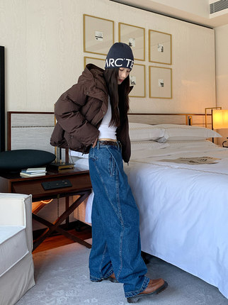 7AM10PM 个性工字褶牛仔裤女 2024秋冬设计感休闲宽松直筒长裤潮