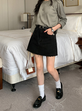 7AM10PM 黑色牛仔半身裙女春夏新款a型高腰显瘦短裙韩版包臀裙