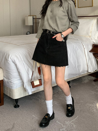 7AM10PM 黑色牛仔半身裙女春夏新款a型高腰显瘦短裙韩版包臀裙
