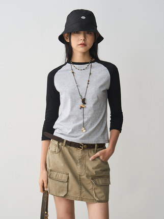 7AM10PM 牛角T恤女修身显瘦黑拼灰色插肩九分袖百搭内搭打底上衣