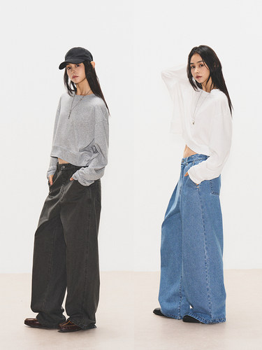 白色黑色竹节棉茧型长袖T恤