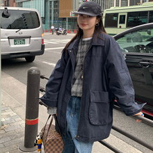 7AM10PM 藏青色复古工装风阔型夹棉风衣 个性大口袋宽松薄棉外套