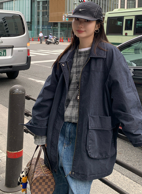 7AM10PM 藏青色复古工装风阔型夹棉风衣 个性大口袋宽松薄棉外套