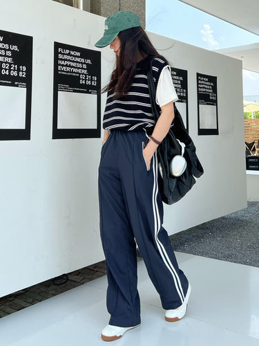 藏青色侧边两条杠运动休闲长裤女