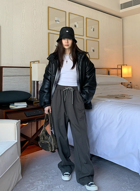 7AM10PM 美式运动裤女秋冬新款微廓抽绳卫裤宽松显瘦灰色休闲长裤