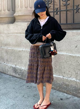 7AM10PM 小众款紫咖格抽褶水洗半身裙女  显瘦五分格子裙气质中裙