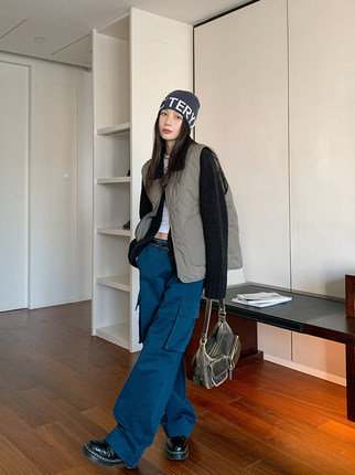 7AM10PM 时尚大口袋工装裤女 直筒宽松显瘦小个子长裤纯棉拖地裤