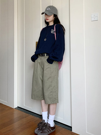 7AM10PM复古做旧宽松短裤女工装五分裤 高腰直筒显瘦休闲阔腿中裤